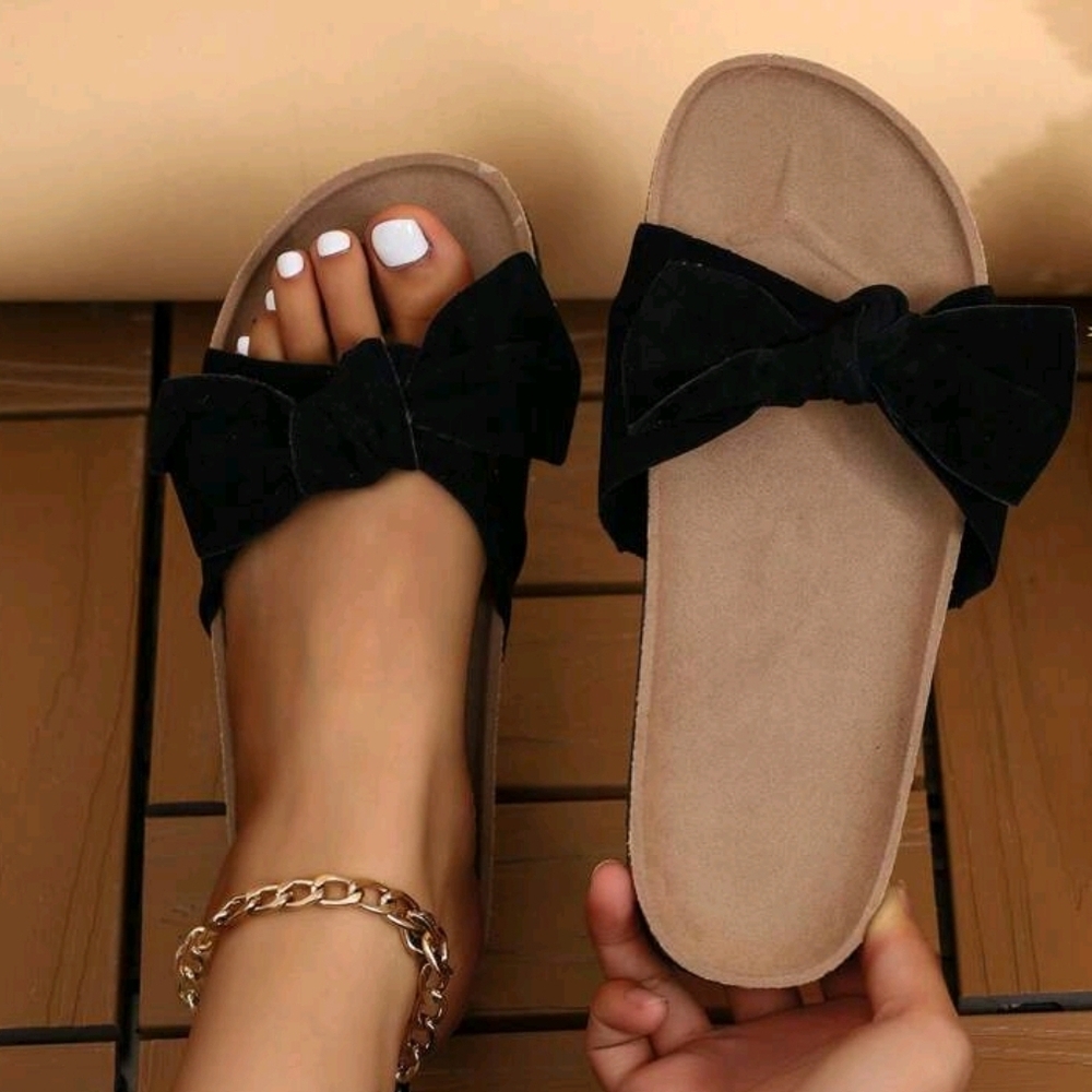 SHEIN Black and Tan Bow Slide Sandals